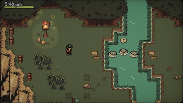 Character in Fading Serenades facing a line of stepping stones across a river with looming tension.
