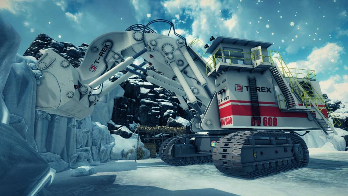 The T-Rex machine with its crane fully outstretched in snowy terrain in Giant Machines 2017.