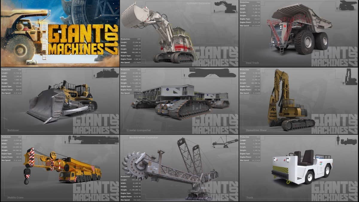 A lineup of unlockable heavy machines and vehicles featured in Giant Machines 2017.