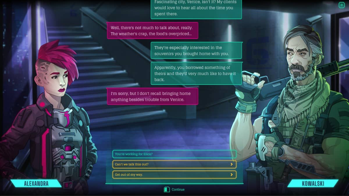 HeistGeist’s conversation interface showing character avatars and speech bubbles during an in‑game dialogue.