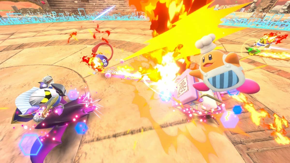 Kirby and Meta Knight clash on a fiery coliseum corner in Kirby Air Riders, showcasing intense combat.