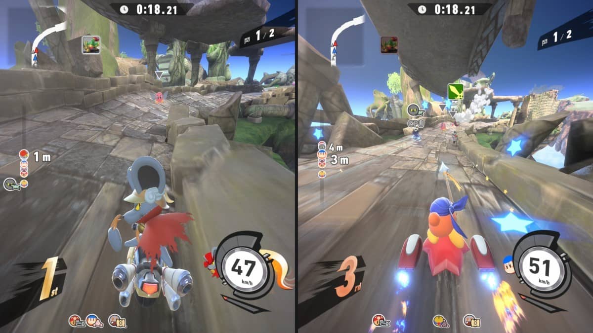 Kirby Air Riders showcasing two-player splitscreen racing mode with dynamic side-by-side action.