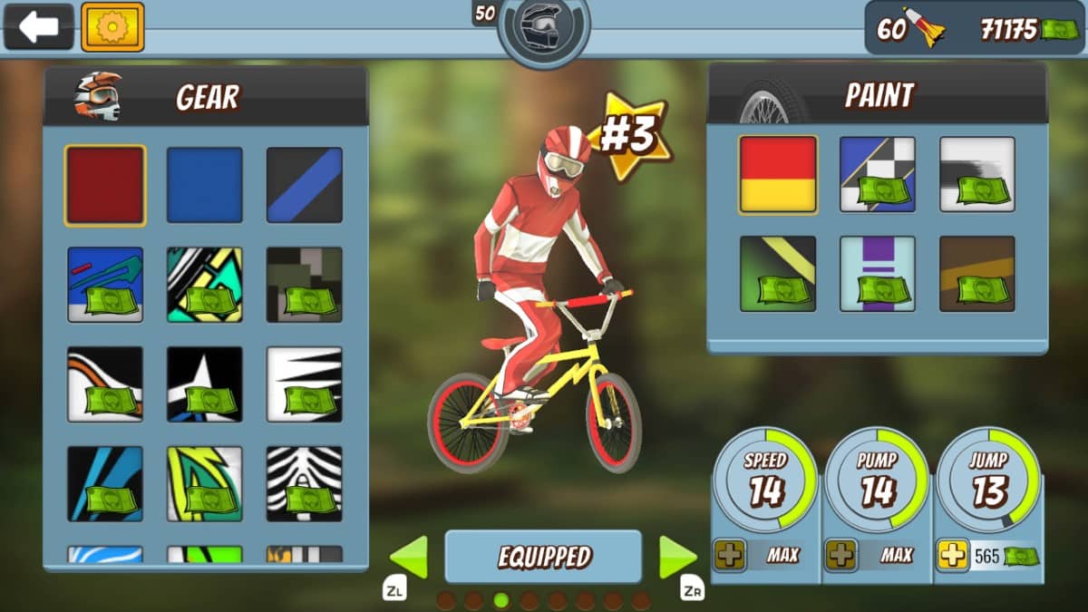 The Mad Skills BMX 2 customisation screen showing bike upgrades and where players spend in-game currency.