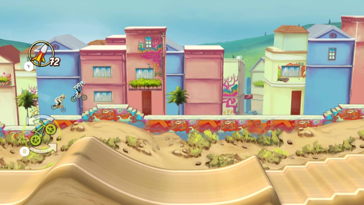 In‑game racing in Mad Skills BMX 2 showing riders hitting jumps with opponents close on a detailed track.