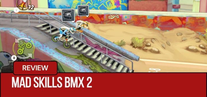 Two riders descend graffiti-covered steps in Mad Skills BMX 2, highlighting its fast-paced urban racing style.