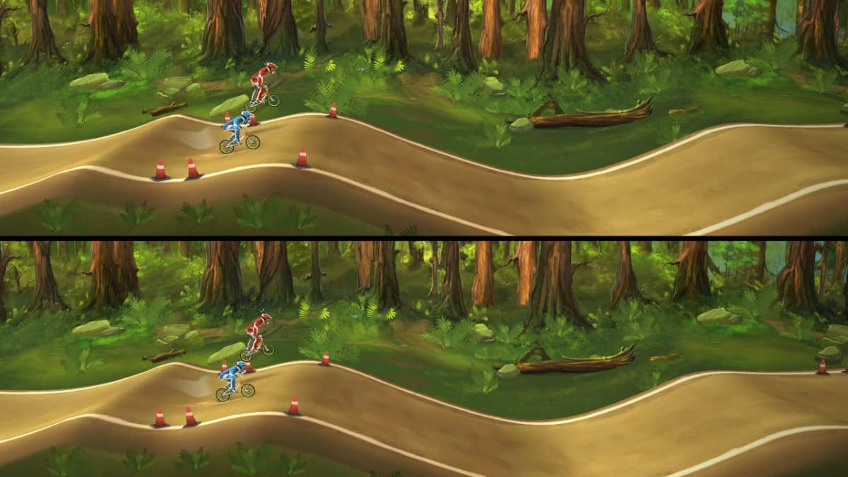 Mad Skills BMX 2 splitscreen multiplayer showing two riders racing side by side on separate tracks.