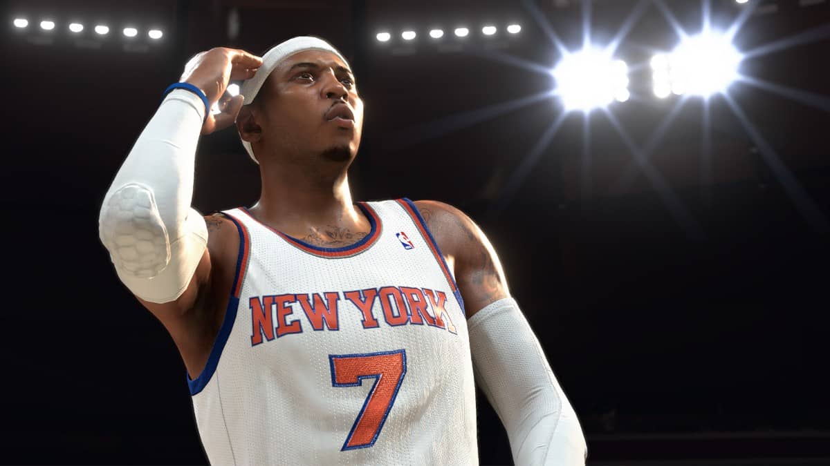 A New York player in NBA 2K26 makes a bold gesture, showcasing detailed character design and realism.