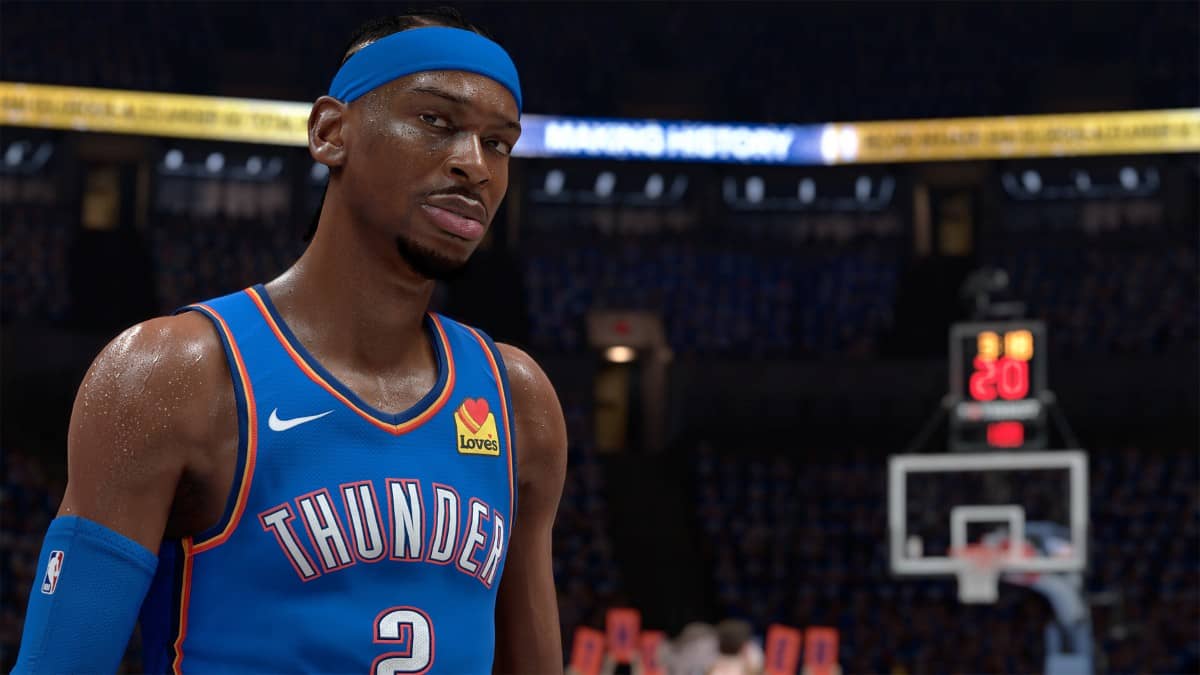 An Oklahoma City Thunder player in NBA 2K26 stands poised, awaiting the ball with focus and anticipation.