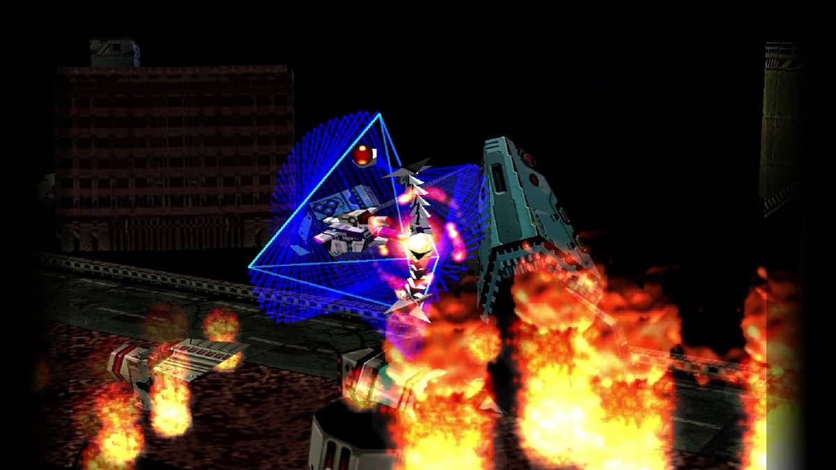 R-Type Delta: HD Boosted showcases a fierce aerial fight above a ruined city engulfed in flames.