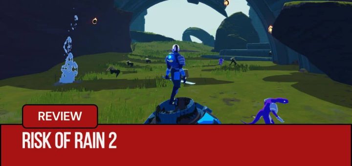 A lone survivor in Risk of Rain 2 stands on a downed ship, gazing at hostile alien enemies across the horizon.