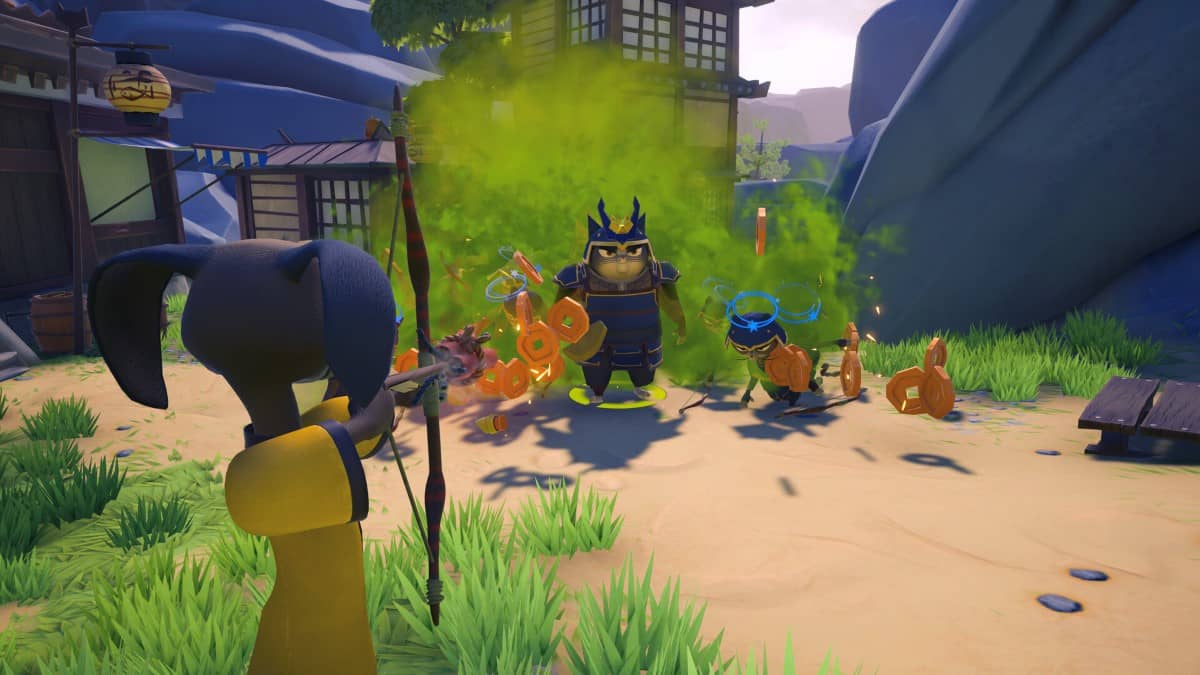 The hero speaks with an NPC in Samurai Academy: Paws of Fury while receiving coins for completing a mission.