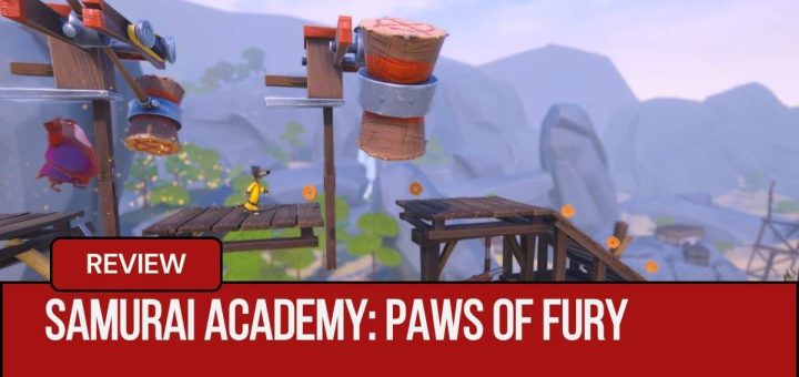 Platforming chase scene in Samurai Academy: Paws of Fury as the hero flees a giant cat and dodges swinging hammers.