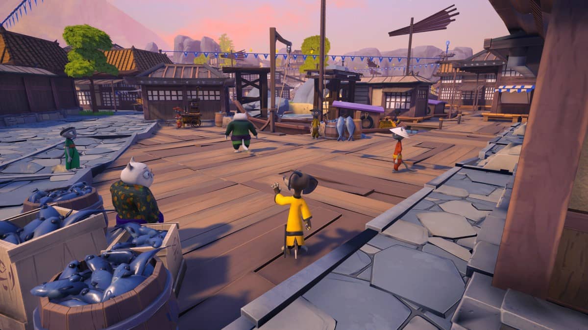 The hero explores a bustling fish market in Samurai Academy: Paws of Fury, taking in the lively town atmosphere.