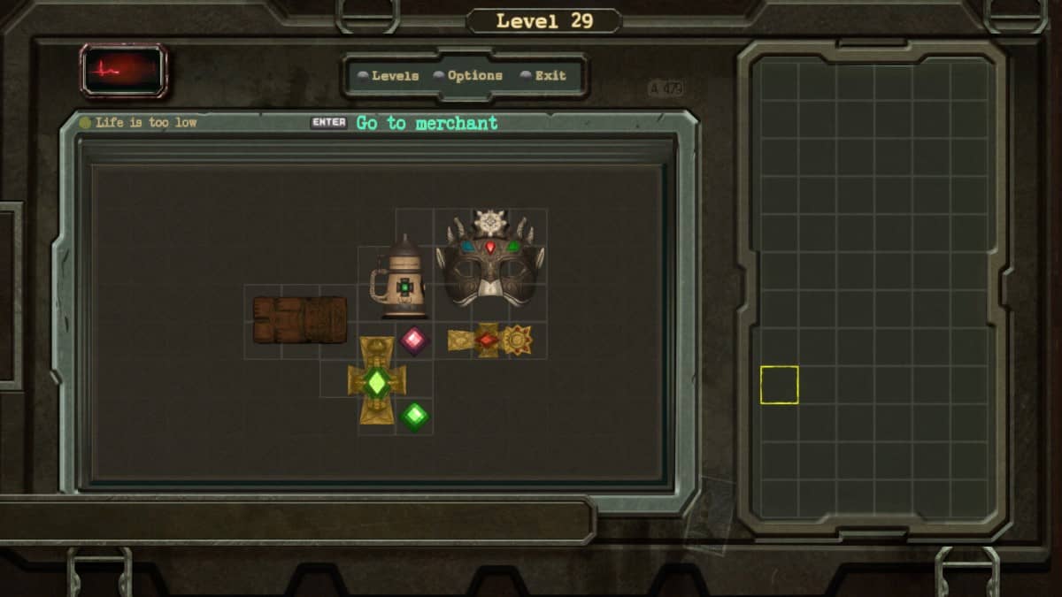 Gameplay in Save Room - The Merchant showing how items are arranged within a grid-based backpack system.