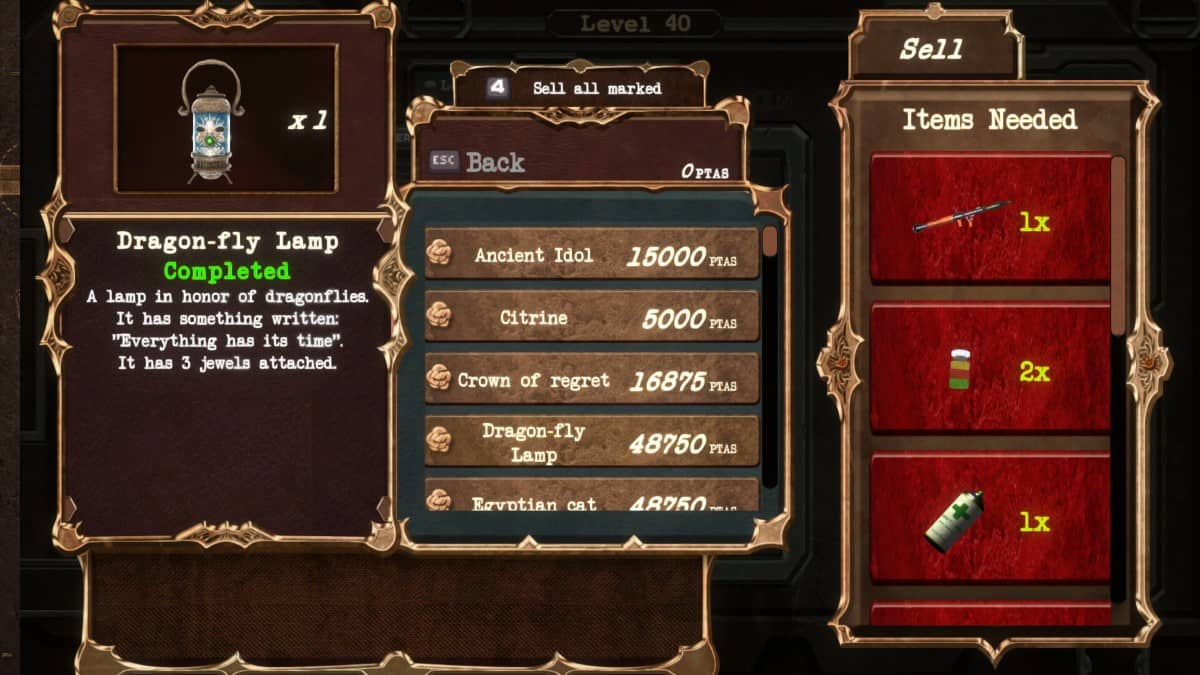 A mission screen in Save Room - The Merchant showing options to buy and sell essential items for progress.