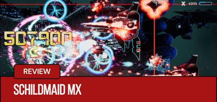 Explosive boss battle in Schildmaid MX with lasers and a giant score logo dominating the screen.