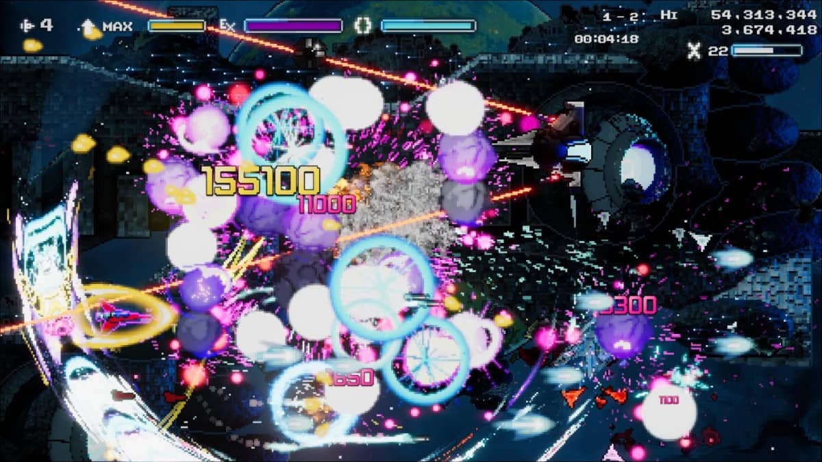 Schildmaid MX gameplay packed with enemies filling the screen, showcasing vibrant colours and chaotic action.