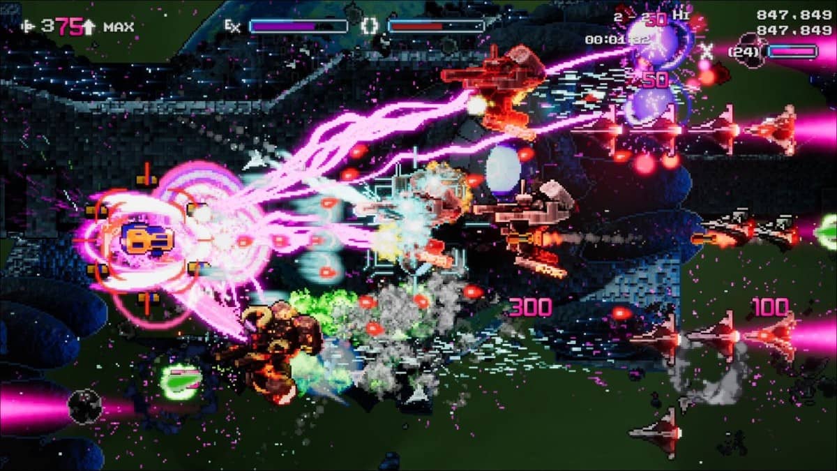 Schildmaid MX intense shootout with massive pink lasers streaking across the battlefield in chaotic action.