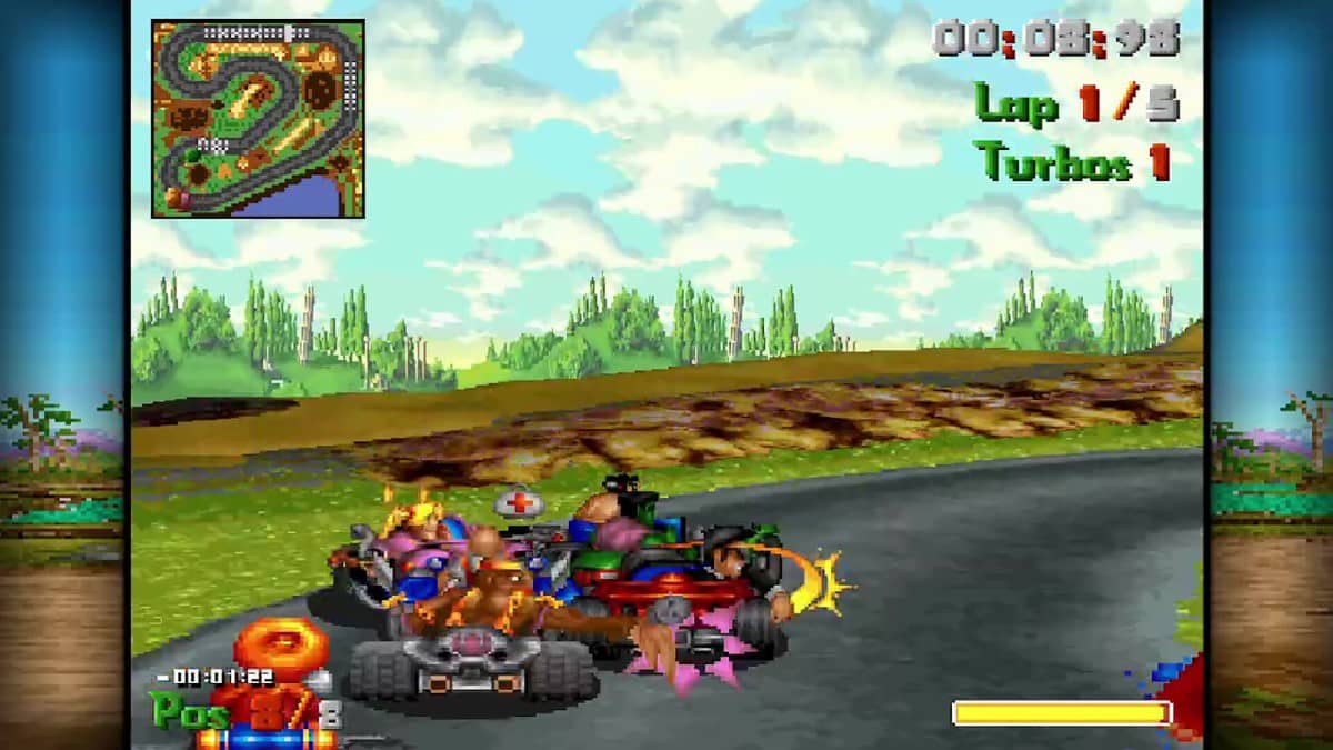 Street Racer Collection (QUByte Classics) racers colliding on a corner, showcasing chaotic retro kart combat.