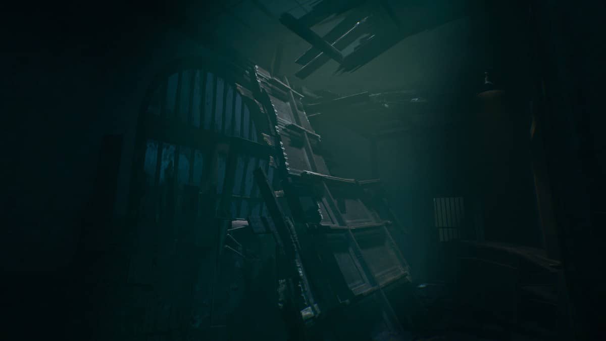 Collapsed roof inside the house in The Last Case of John Morley highlighting detailed textures and dramatic lighting.