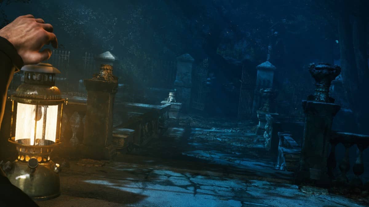 First person view of John Morley holding a lit lantern while gazing into the shadowy garden in The Last Case of John Morley.
