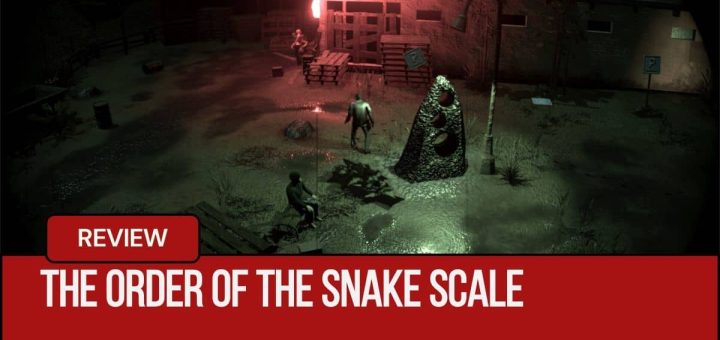 Your character stands in a dark, eerie town in The Order of the Snake, lit only by a glowing neon sign.
