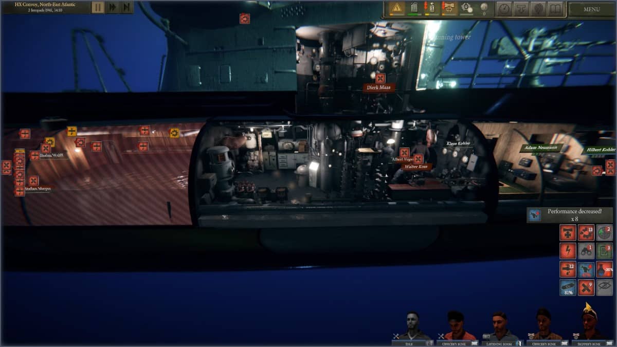 A detailed UBOAT cutaway view showing interior rooms and crew conditions inside the submarine during gameplay.