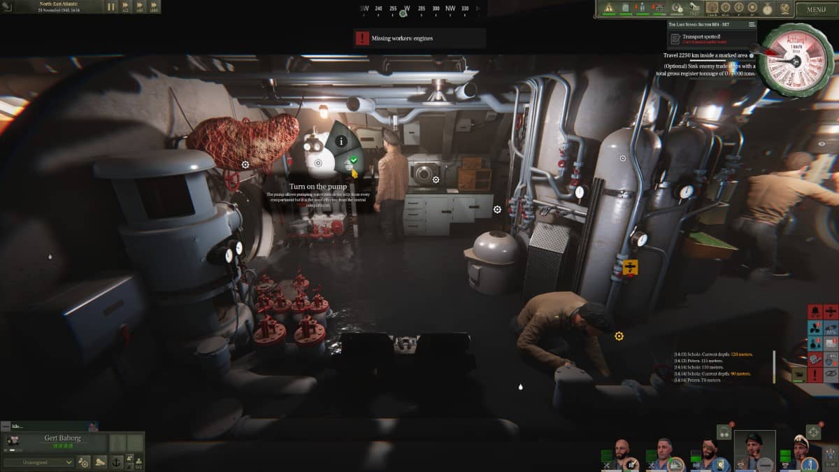 An in‑game UBOAT interface showing the player interacting with static control screens during submarine operations.