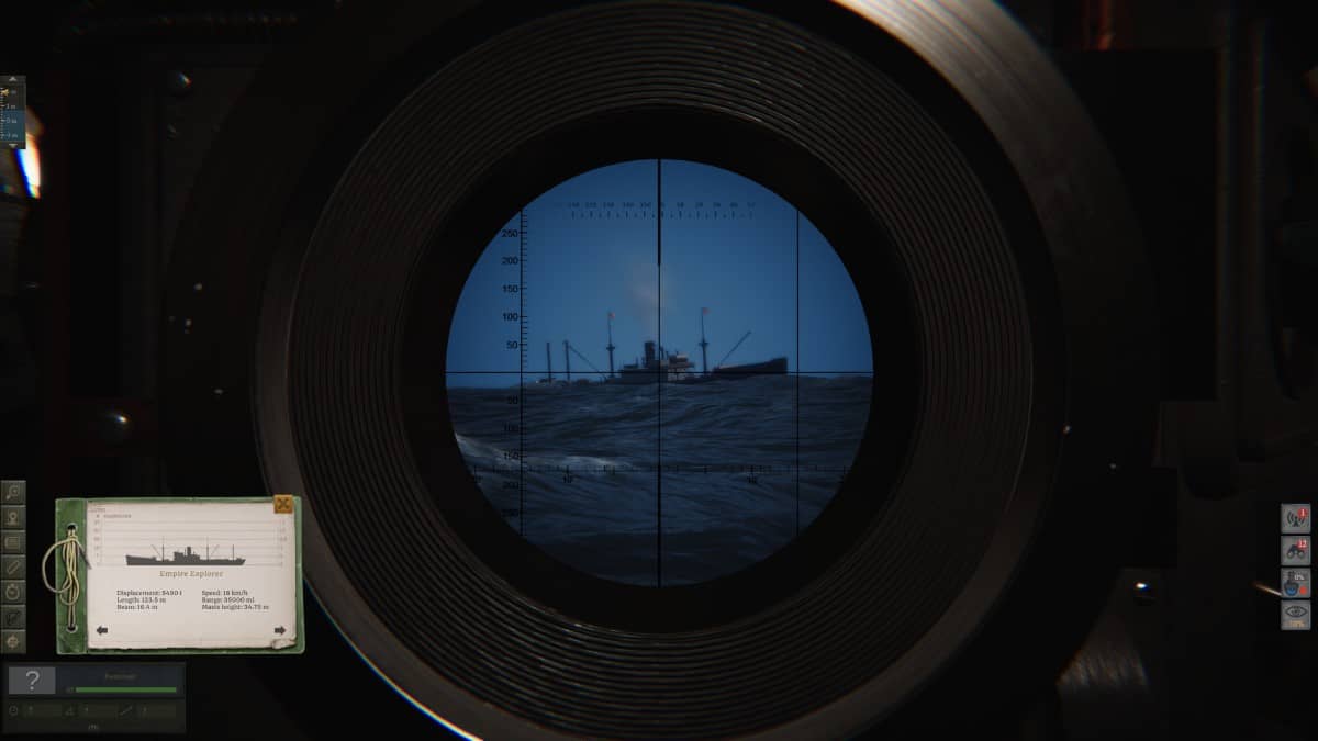 A tense UBOAT periscope view showing a distant ship framed through the scope during gameplay.