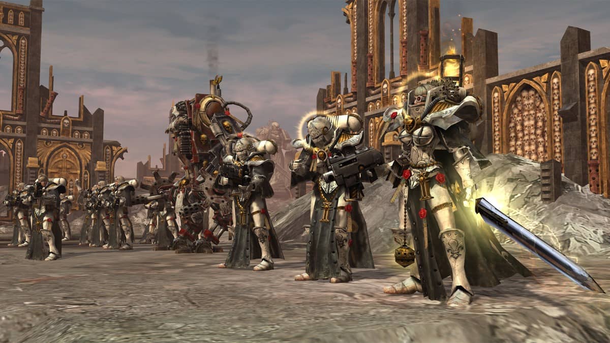 Sisters of Battle stand ready with weapons drawn, preparing for war in Warhammer 40,000: Dawn of War - Definitive Edition.