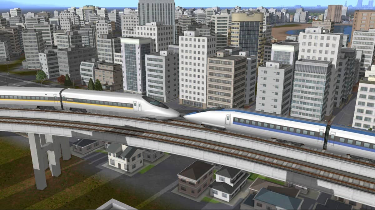 Two bullet trains approaching on parallel tracks in A-Train 9 V5.0: Japan Train Simulator Ultimate Edition.