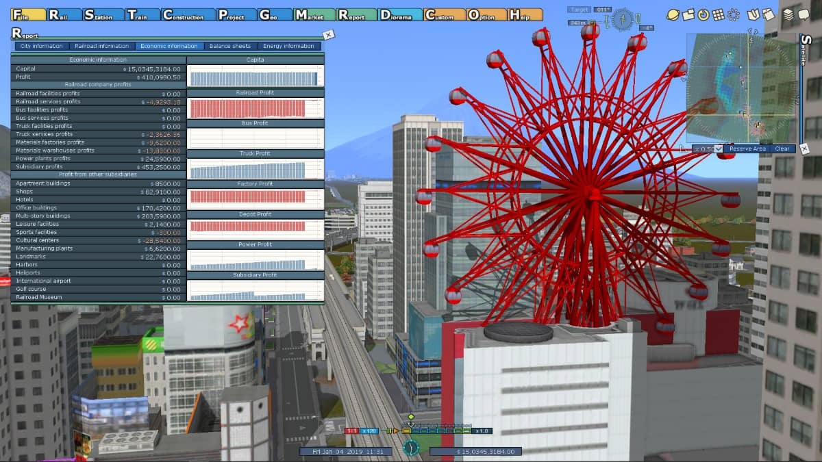 The detailed settings wheel in A-Train 9 V5.0: Japan Train Simulator Ultimate Edition showing deep customisation options.