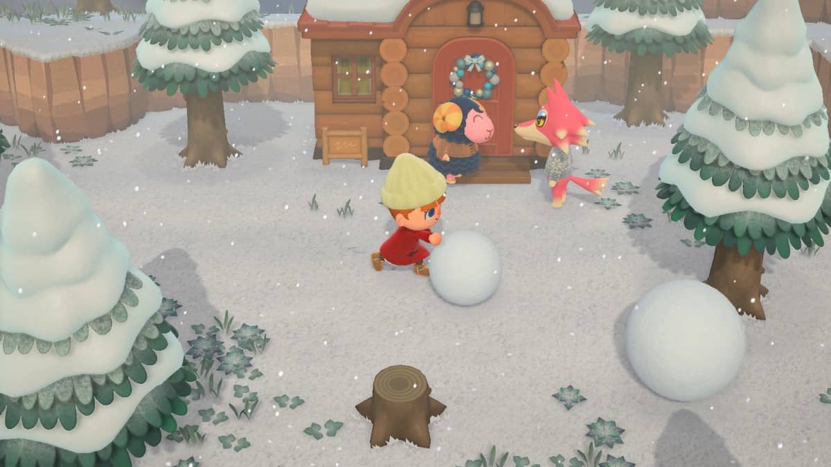 Rolling a snowball in the snow while a character watches in Animal Crossing: New Horizons – Nintendo Switch 2 Edition.