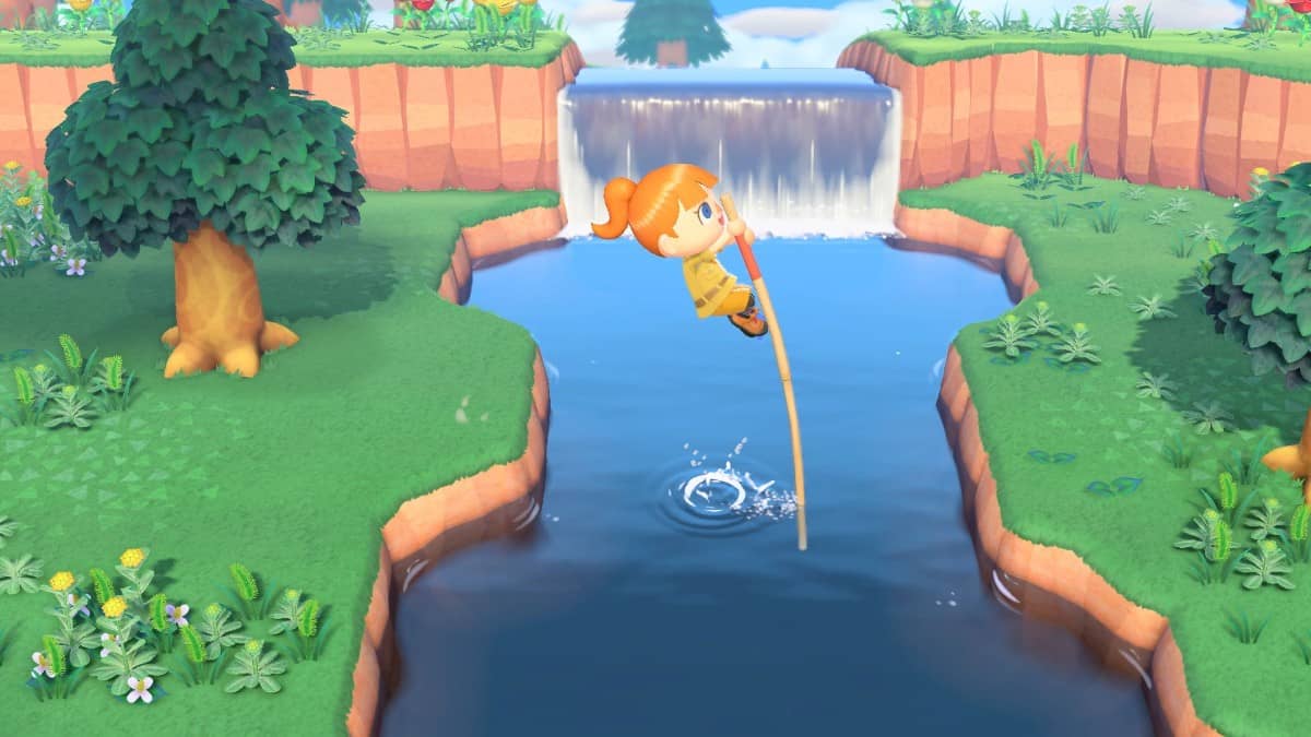 Crossing water with the vaulting stick in Animal Crossing: New Horizons – Nintendo Switch 2 Edition.