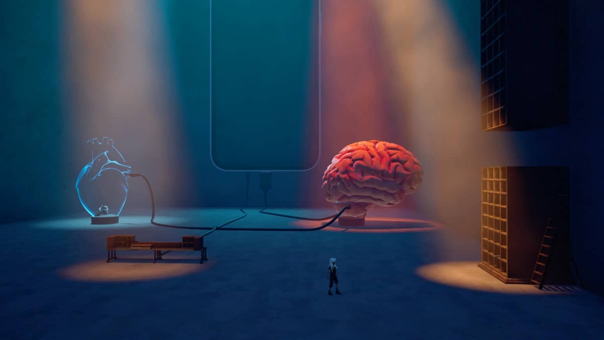 The main character in Ayasa: Shadows of Silence standing in a room with a giant brain looming behind them.