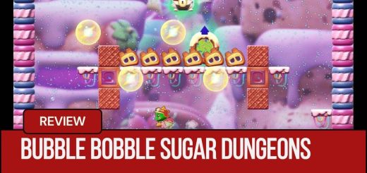 An in game level from Bubble Bobble Sugar Dungeons showing a sweet themed stage with enemies and a chest above them