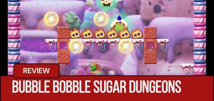 An in game level from Bubble Bobble Sugar Dungeons showing a sweet themed stage with enemies and a chest above them