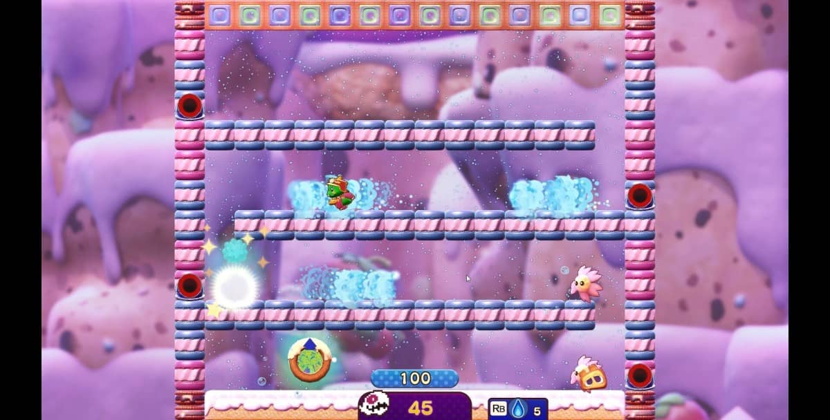 A tiered platform layout in Bubble Bobble Sugar Dungeons showing tightly stacked sweet themed levels