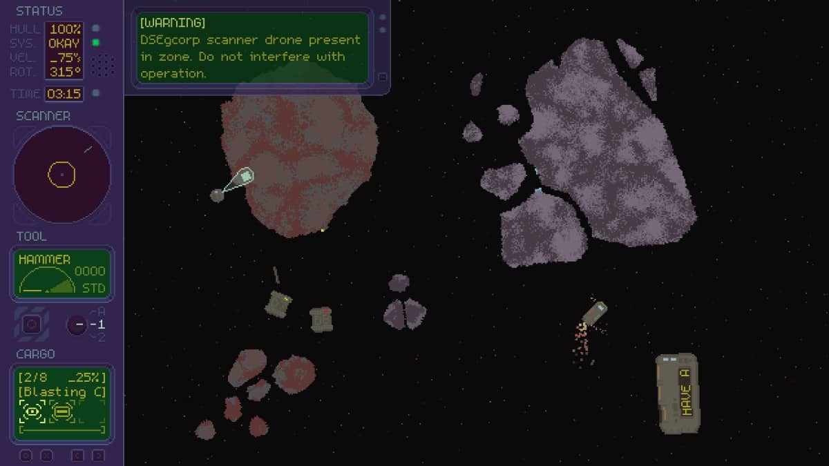A new asteroid field in Deep Space Exploitation showing the in game notifications during a mining run.