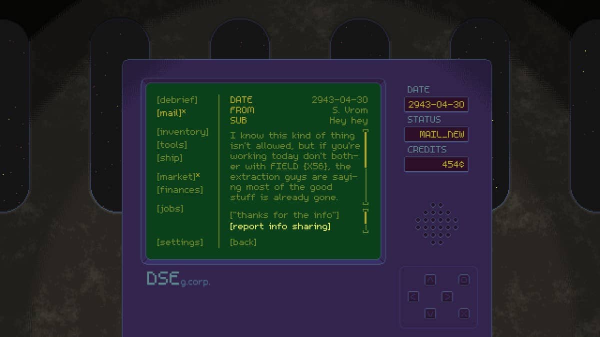 The clean and minimal interface of Deep Space Exploitation showing the tools and readouts used during mining runs.