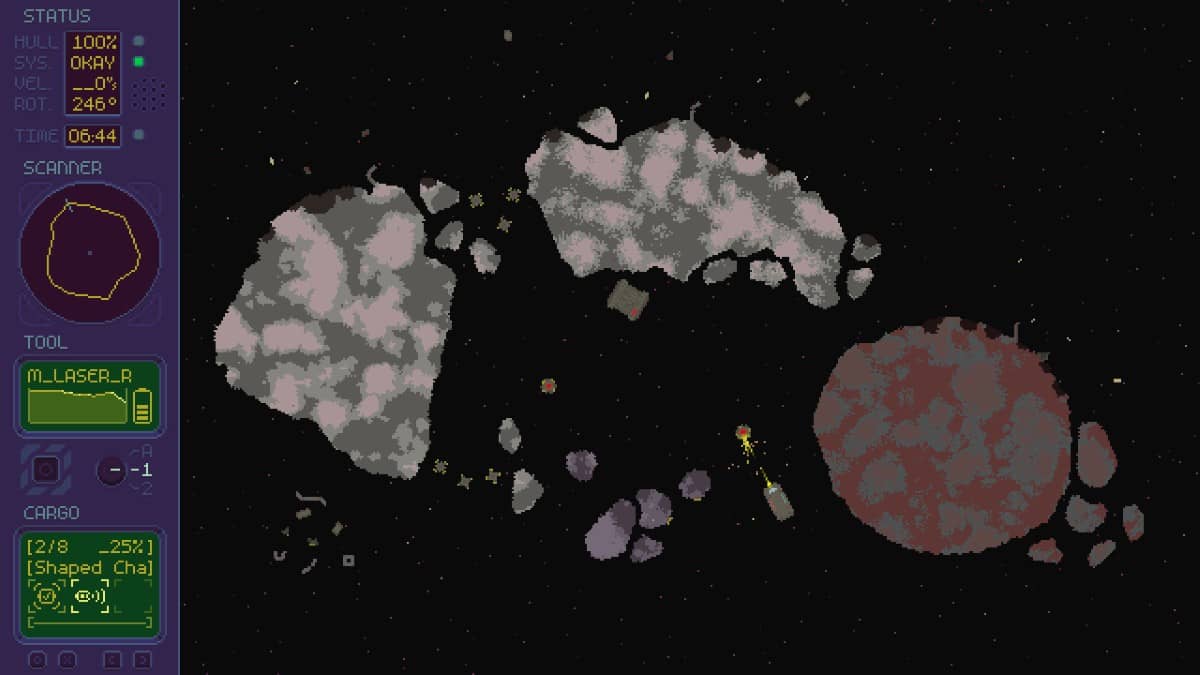 A dense randomised asteroid field in Deep Space Exploitation showing the scale of work needed during mining runs.