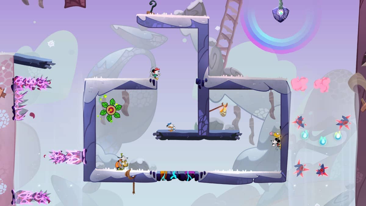 A large and intricate platforming section in Disney Illusion Island Starring Mickey and Friends.
