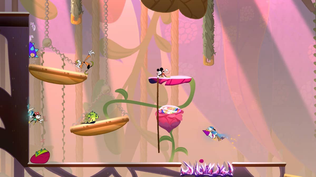 A vibrant platforming scene in Disney Illusion Island Starring Mickey and Friends showing the dynamic camera angle.