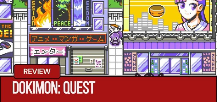 An 8 bit town scene from Doki Monsters Quest with characters walking past bright billboards.
