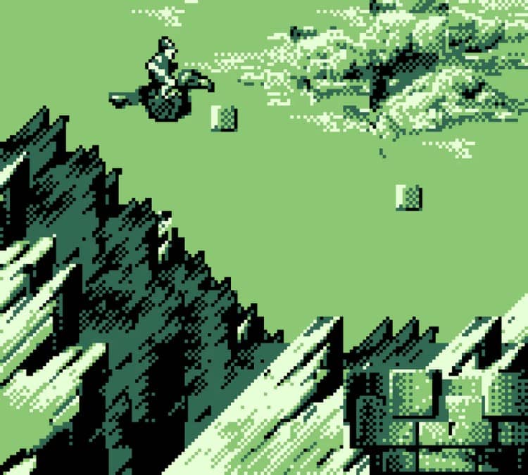 Dirk rides a bird through the sky in Dragon's Lair The Legend while dodging floating blocks.