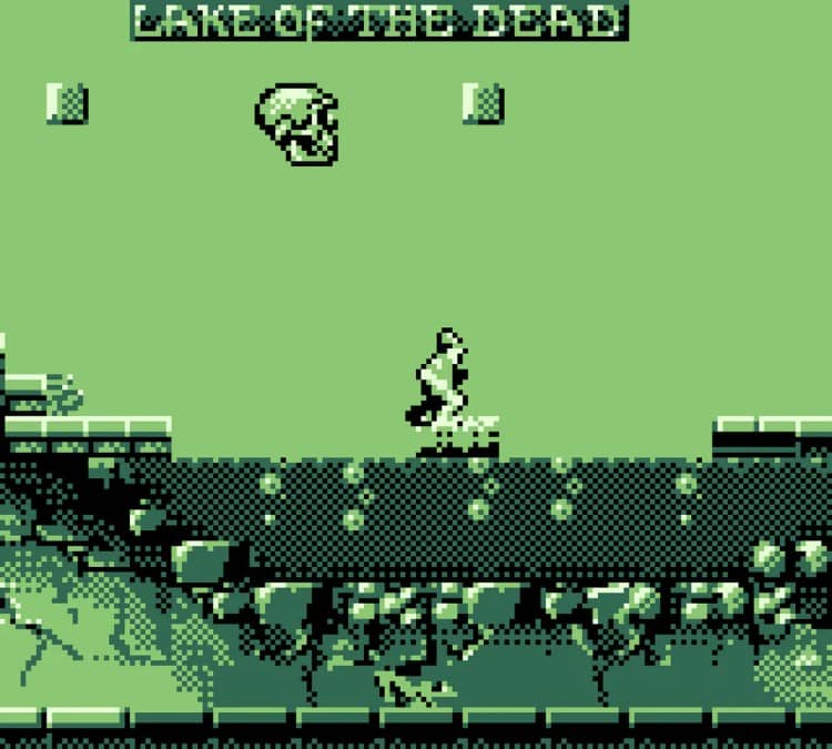 Enemies chase Dirk across the Lake of the Dead in Dragon's Lair The Legend as he platforms to safety.