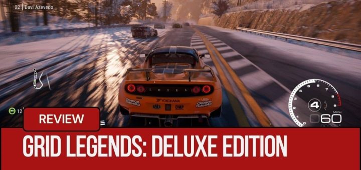 An intense GRID Legends Deluxe Edition moment showing an orange car trading paint at high speed.