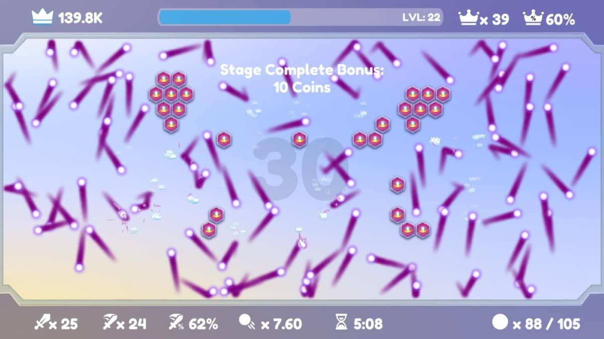 Hextreme Void gameplay showing balls with red trails bouncing across colourful hexes.
