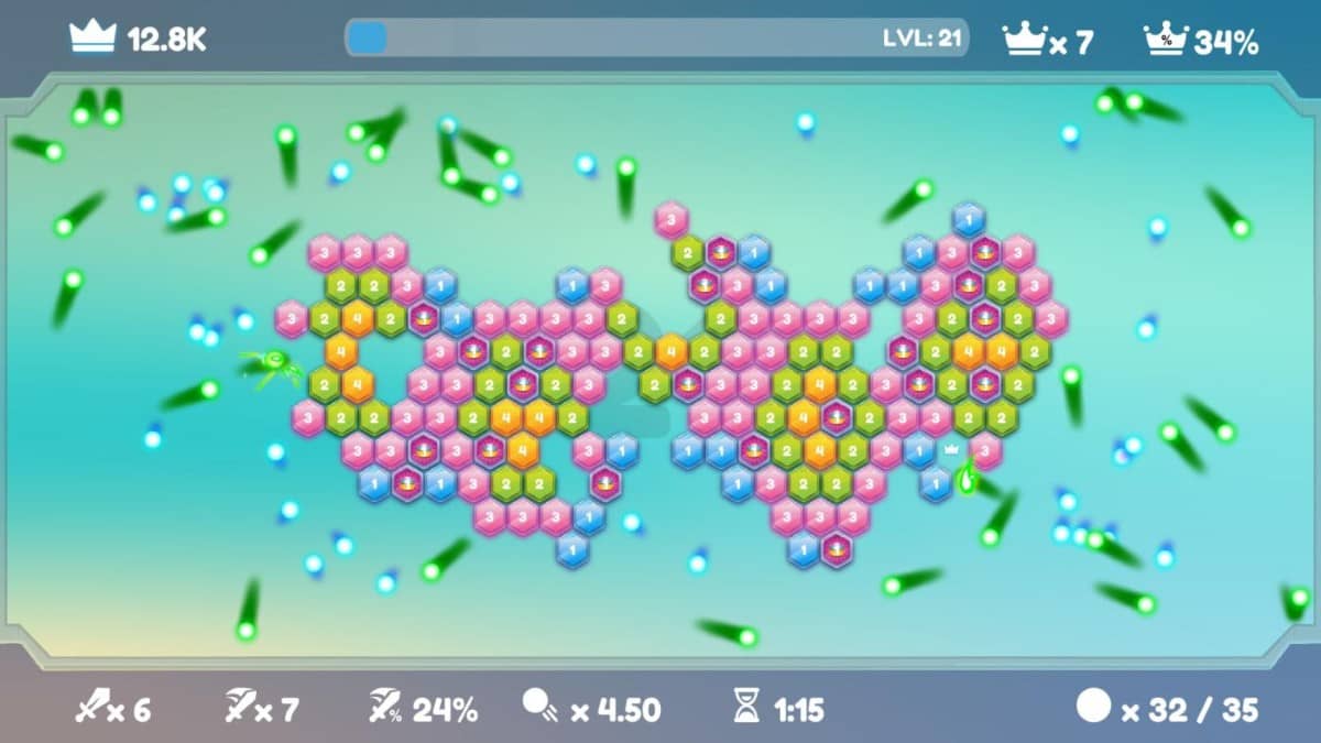 Hextreme Void gameplay showing balls with green trails breaking through clusters of coloured hexes.