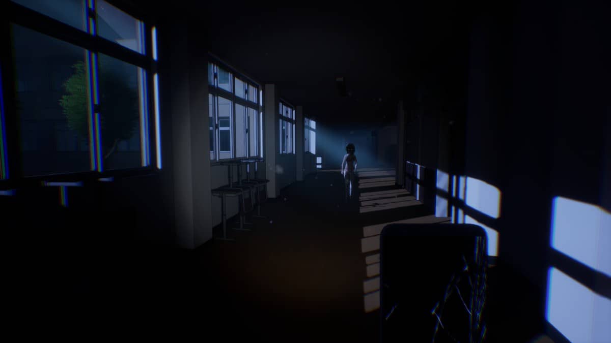 A shadowy entity stalking the moon-lit school corridors in High School Dirty Secrets.